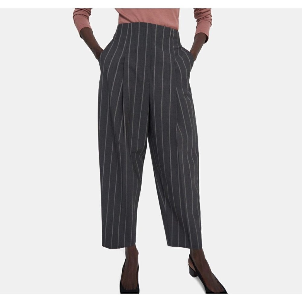 Theory NWT Good wool CL pleat Carrot pants, gray/ white stripes, Size 6